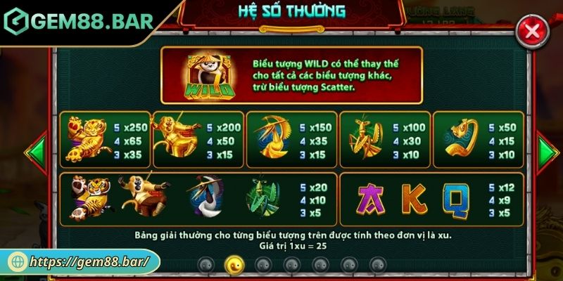 Kungfu Panda - Bí Quyết Chinh Phục Game Nổ Hũ Tại GEM88 2 Biểu tượng giá trị thấp – Thẻ bài võ công